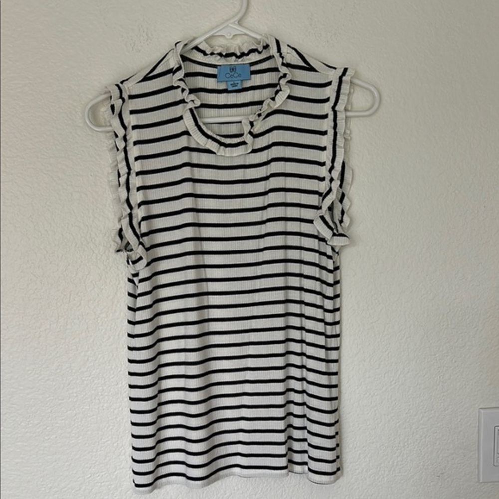 CeCe Black and White Striped Women's Top large